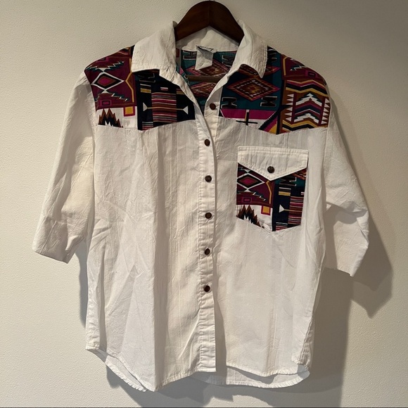 Vintage Tapestry Button Front Lightweight Blouse Aztec Southwestern Print Rodeo - Picture 1 of 7